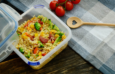 fried rice in lunch box for eat at office or picnic