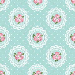 Shabby chic rose seamless pattern on polka dot background