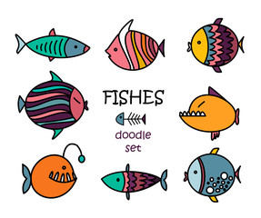 Cute fishes cartoon. Doodle set
