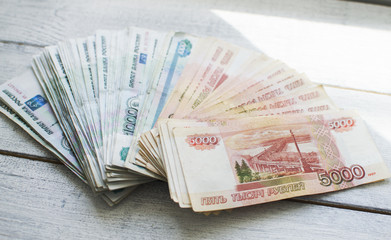 russian banknote on the background wooden