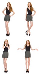 Fototapeta premium Red hair girl in gray dress isolated on white