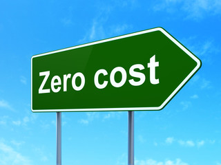 Finance concept: Zero cost on green road highway sign, clear blue sky background, 3D rendering