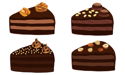 Chocolate cake with chocolate cream and nuts. Portion. Cake cut sliced with cuttings. A piece of chocolate cake with walnuts, peanuts,   pistachios, hazelnut. Vector illustration isolated on white bac