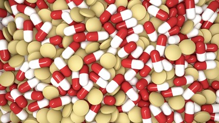 Red-White and Yellow Pills, view from Top, useful as Background for medical Themes and others