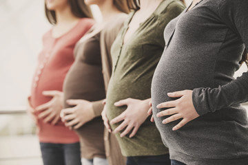 Side view of three pregnant women are touching their bellies with hands. Maternity concept