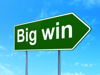 Finance concept: Big Win on green road highway sign, clear blue sky background, 3D rendering