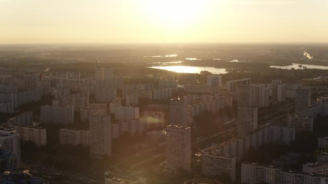 Aerial view Sunrise and Moscow district Strogino 4k