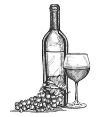 a wine glass, bottle and grapes bunch still life