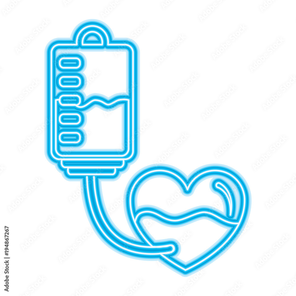 Poster blood bag heart medicine hemophilia treatment vector illustration neon blue design