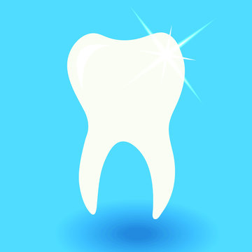 white tooth icon with shine on blue background with shadow vector illustration, dental care or dentist concept