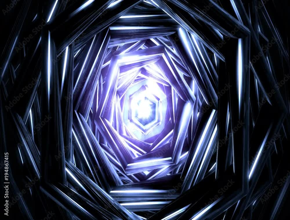 Poster 4k abstract technology tunnel. black metal concstruciton sharp corners with reflections the camera r