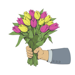 Hand is holding a bouquet of tulips. Vector illustration.