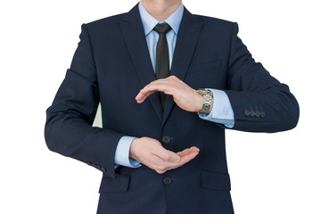 Businessman standing posture show hand isolated on white background