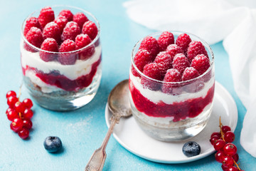 Raspberry dessert, cheesecake, trifle, mouse in a glass.