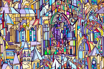 Fototapeta na wymiar Vector seamless pattern featuring fictional Gothic city architecture elements such as towers and stained glass windows. Abstract colorful background. Hand drawn.