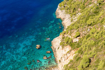 View of beautiful crystal sea water in Porto Schiza on Zakynthos island. Greece.