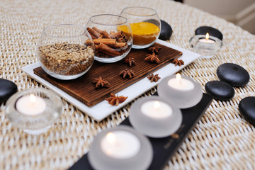 spices - turmeric, star anise, cinnamon, cloves, allspice Spa. Aromatherapy, stone therapy.