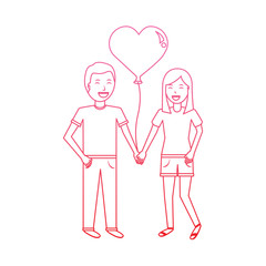 couple of young man and woman hold hands witn heart balloon vector illustration degrade line design