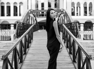 beautiful woman walking on hotel territory in Turkey