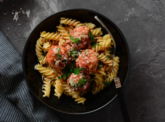 Fusilli Pasta with meatballs.
