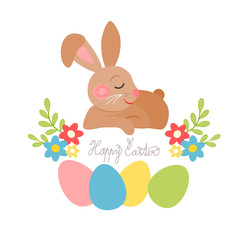 Easter bunnies with eggs, Easter greeting card, vector illustration