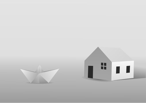 A paper boat saling close to a paper house. Vector illustration