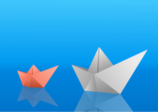 Two paper boats saling over blue polished surface. Vector illustration