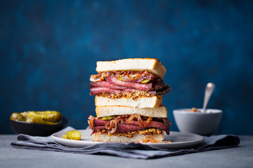 Roast beef sandwich on a plate with pickles. Copy space.
