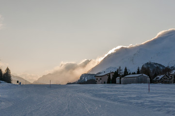 Sils, Silsersee, Langlauf, Langlaufloipe,  piz  da la margna, Oberengadin, Winter, Wintersport, Alpen, Abendstimmung, Graub&uuml;nden, Schweiz