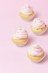 Cupcake decorated with pink buttercream on pastel pink background. Sweet beautiful cake. Vertical banner, greeting card for birthday, wedding, women's day. Close up photography. Selective focus