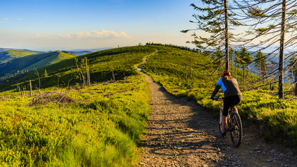 Mountain biking cycling at sunset in summer mountains forest landscape. Woman cycling MTB flow trail track. Outdoor sport activity.