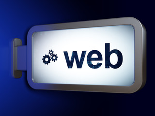 Web design concept: Web and Gears on advertising billboard background, 3D rendering