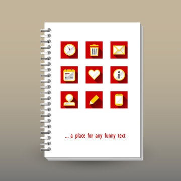 vector cover of diary or notebook with ring spiral binder - format A5 - layout brochure concept - red yellow colored flat design planning icons -  polygonal triangle pattern