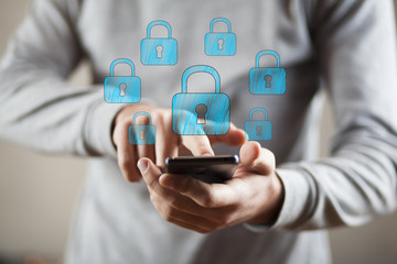 man hand tablet and lock in screen