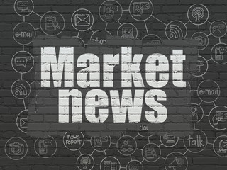News concept: Painted white text Market News on Black Brick wall background with Scheme Of Hand Drawn News Icons