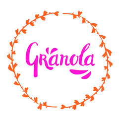 Vector granola lettering pink logo design in orange circle  of twigs on white background