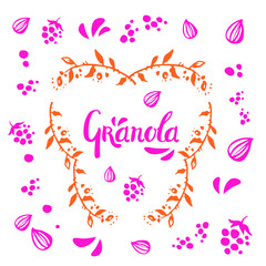 Obraz na płótnie Canvas Vector granola lettering pink logo design in orange frame of twigs with seeds and berries on white background