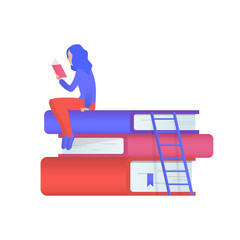 A reading girl sitting on a stack of books. Vector illustration in modern style.