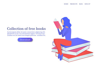 A reading girl sitting on a stack of books. Landing page template. Vector illustration in modern style.