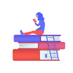 A reading girl sitting on a stack of books. Vector illustration in modern style.