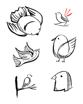 Cartoon birds vector ink illustration