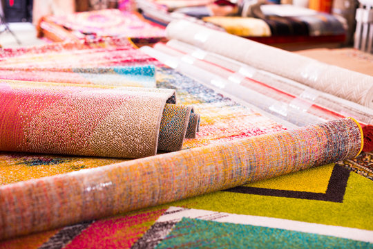 Image of traditional woolen carpets at carpet market