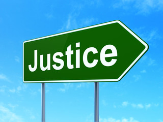 Law concept: Justice on green road highway sign, clear blue sky background, 3D rendering
