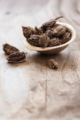 Black cardamom in a bowl on wooden background