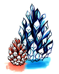 A sketch marker. Two abstract pine cones in pink and blue. Hand-drawn illustration. Isolated on white background