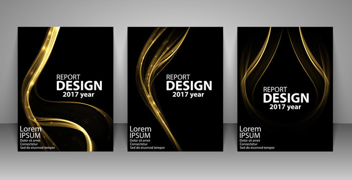 Brochure with futuristic gold light wave. Report, flyer, business layout, presentation template A4 size. Vector illustration.