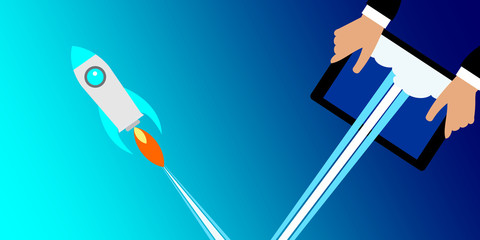 Businessman holding a tablet with a rocket.Concept of Start up. Flat design, vector illustration.