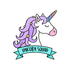 Obraz na płótnie Canvas Magical colorful unicorn head with ribbon and writing unicorn squad. Unicorn vector illustration, icon or sticker, isolated.