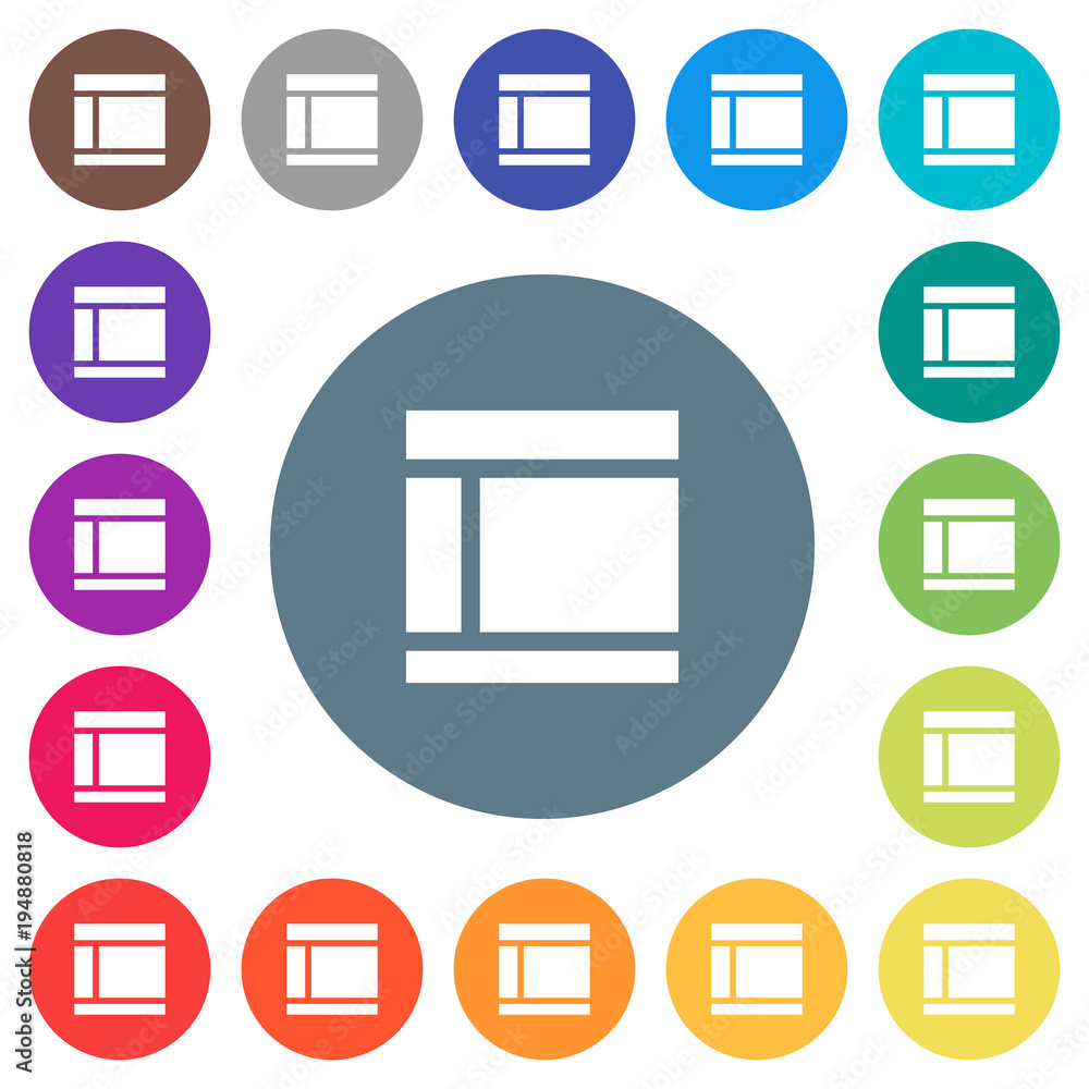 Aufkleber two columned web layout flat white icons on round color backgrounds