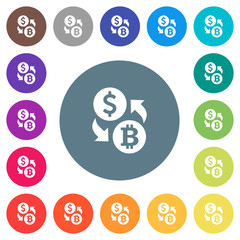 Dollar Bitcoin money exchange flat white icons on round color backgrounds